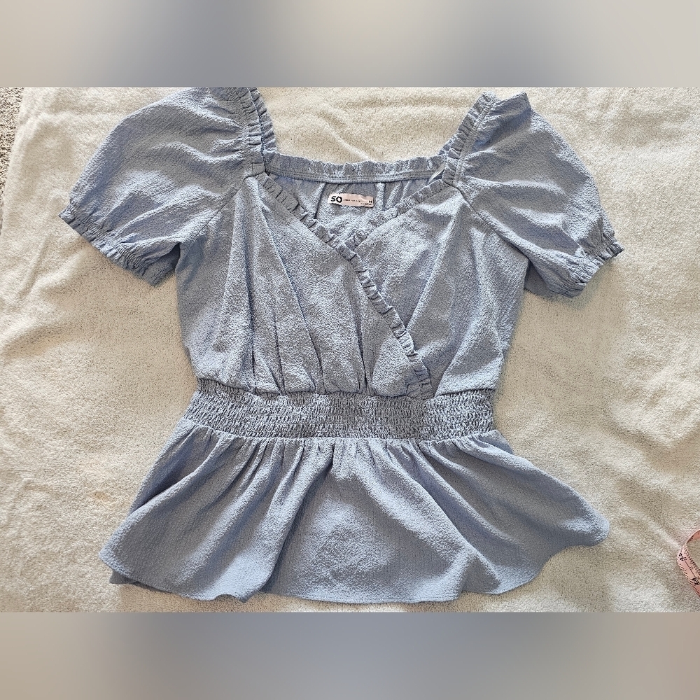 SO Light Blue Ruffle Peplum Blouse Medium Puff Sleeve Smocked Waist